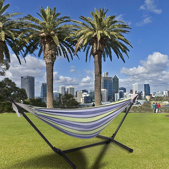Vasitelan Hammock with Space Saving Steel Stand Included 2 Person Heavy Duty Outside Garden Yard Outdoor 330lb Capacity 2 People Standing Hammocks and Portable Carrying Bag (Green Stripe)