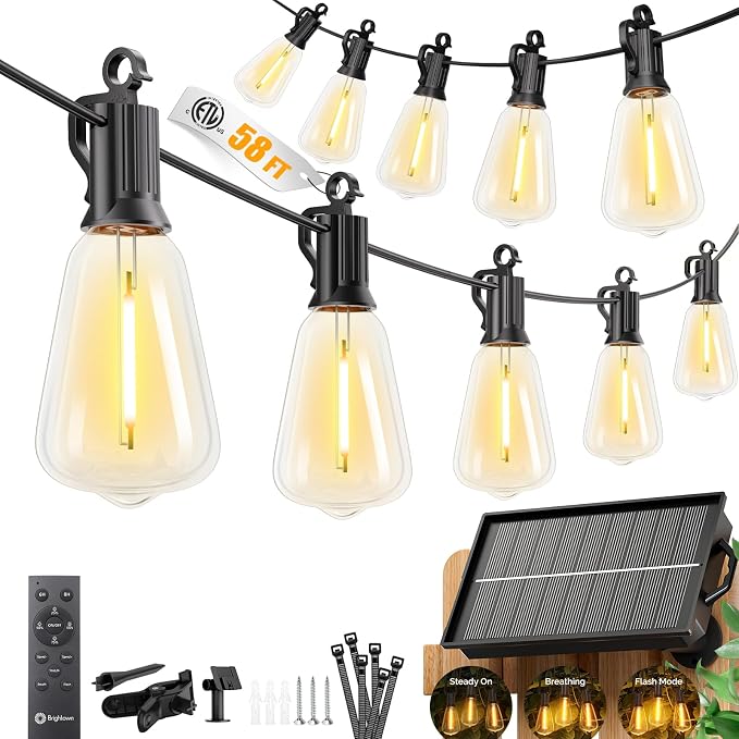 Brightown 58FT Solar String Lights Outdoor Waterproof, 26Hrs Runtime | 25+1 LED Bulbs, USB & Solar Powered, Remote Control & Dimmable Timer, Ideal for Backyard, Garden, Camping & Party Decor