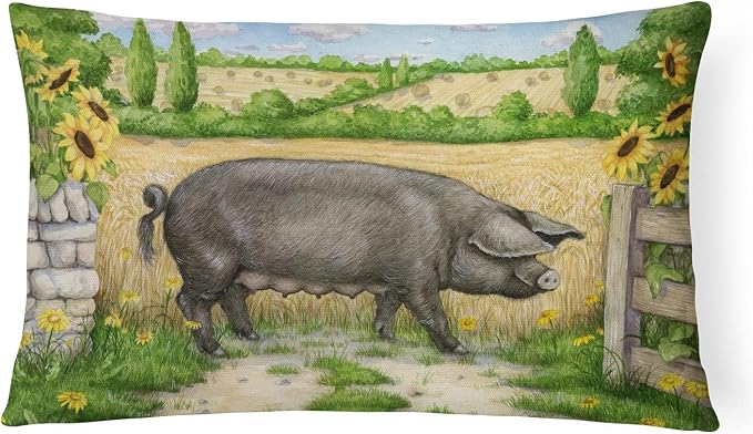 Caroline's Treasures CDCO0373PW1216 Black Pig with Sunflowers Canvas Fabric Decorative Pillow Machine Washable, Indoor Outdoor Decorative Pillow for Couch, Bed or Patio, 12HX16W