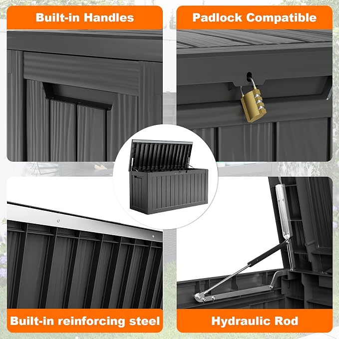 85 Gallon Waterproof Outdoor Storage Box,Deck Boxs for Outdoor and Indoor Use,Deck Storage Box for Picnic Supplies,Gardening Tools,Lockable and Easy to Install(Black)