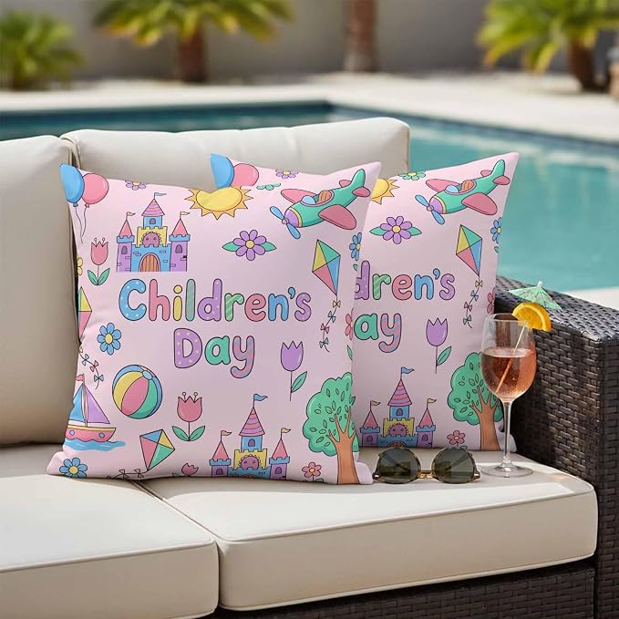 Pack of 2 Children's Day Outdoor Pillow Covers Decorative, Waterproof Pillow Protector, Airplanes Sailing Boats Tree Cartoon Pink Throw Pillowcases Accent Cushion Cases for Patio Couch Sofa 26"x26"