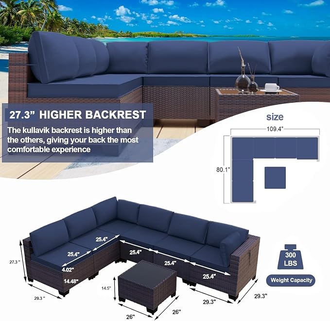 7 Pieces Outdoor Wicker Patio Furniture Set with Rattan Sectional Sofa, Tempered Glass Tea Table and 6 Sand Seat Cushions, Garden Deck Lounge Conversation Couch Set for Backyard Porch