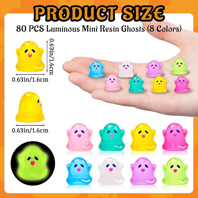 80 Pcs Halloween Luminous Mini Resin Ghost Figures Miniature Figurines | Tiny Little Plastic Ghost Statues Glow in the Dark, Halloween Vase Filler Micro Landscape Fairy Garden Party Decor