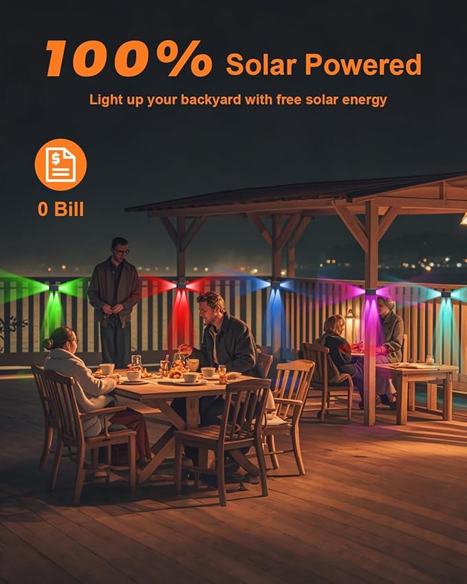 6 Pack Color Changing Solar Powered Fence Lights Outdoor Decorative LED Waterproof Yard Lamps for Outside Wall, Deck, House Patio, Rail, Stair, Yard, Pool, 7 Colorful Modes, Easy 1-Min Installation