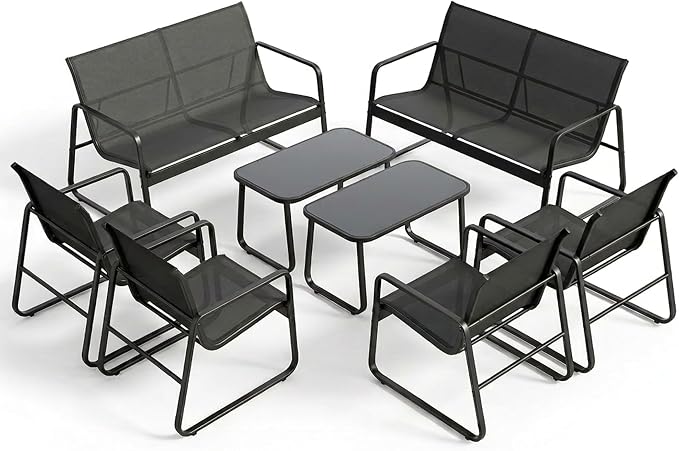 Gizoon 8 Pieces Outdoor Patio Furniture Set, 2 Bench Loveseat + 4 Single Armchairs + 2 Tempered Glass Coffee Tables, Metal Frame Patio Conversation Set for Backyard Poolside Porch, Black