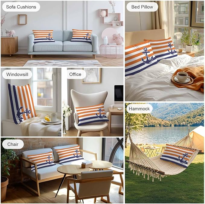 Lumbar Pillow Covers 20x12 Inch Set of 2, Anchor Orange Waterproof Outdoor Cushion Covers, Modern Navy Blue White Striped Nautical Decorative Pillowcases for Couch, Sofa, Bed, Garden, Patio