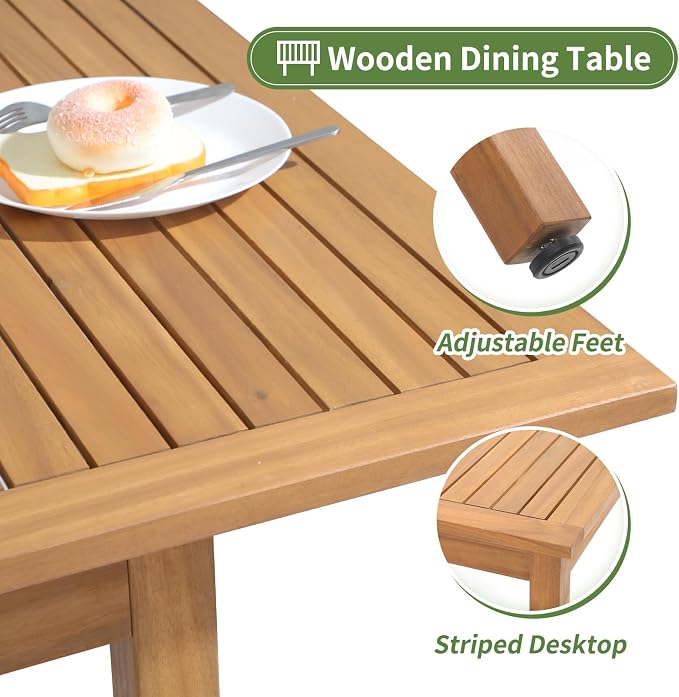 OC Orange-Casual 7 Piece Patio Dining Set, Outdoor Acacia Wood Furniture Set, Extendable Rectangular Table and 6 Stackable Chairs w/Removeable Fabric Cushion, White Cushion