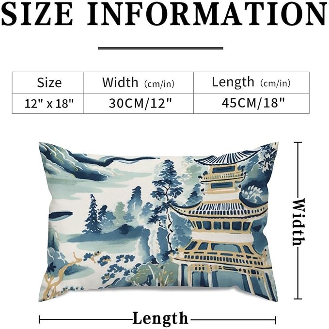 Rectangular Cushion Cover Blue and White Chinoiserie Pagoda Asian Cushion Cases Rustic Ming Rain Chinoiserie Pillow Cover Accent Farmhouse Decor Pillow for for Home Decor Sofa Car 12x18in