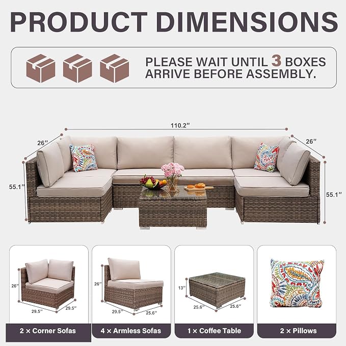 7-Piece Outdoor Patio Furniture Set, Outdoor Couch - Handwoven All-Weather Rattan & 4” Thick Waterproof Cushions, Wicker Outdoor Conversation Sets with Coffee Table for Backyard, 2026, Brown/Beige