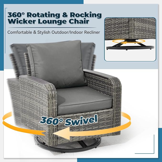 5 Pieces Outdoor Furniture Set with Swivel Chairs, Wicker Patio Furniture Sets for Porch Deck Bistro Lawn Garden Backyard Poolside-Grey Rattan/Grey