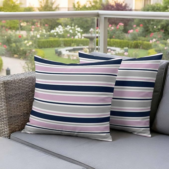 Outdoor Pillow Covers 18 x 18 Inches, Pink Grey Striped Waterproof Throw Pillow Cover Set of 2, Farmhouse Stripes Modern Abstract Art Decorative Square Cushion Covers for Patio/Couch/Garden