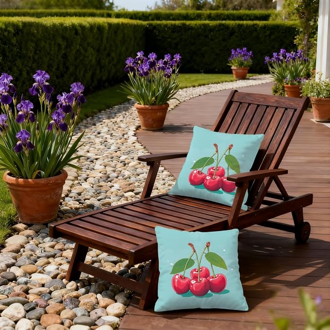 22x22 Inch Outdoor Pillow Covers Set of 2 Waterproof Throw Pillow Covers Decorative Couch Cushion Covers Cherry Cute Square Pillowcases Protectors for Patio Garden Sofa