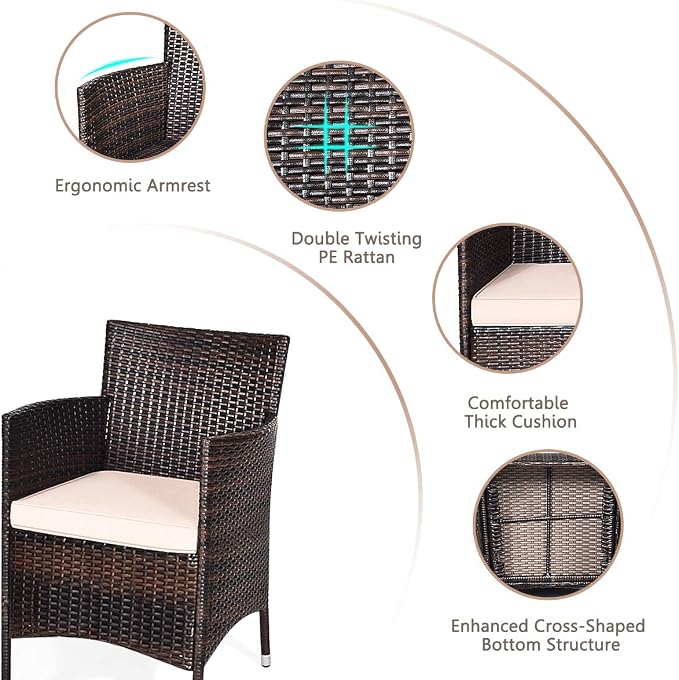 HAPPYGRILL 3 Piece Patio Set Wicker Rattan Furniture Set Outdoor Rattan Conversation Set with Coffee Table Chairs & Thick Cushions Bistro Sets for Patio Garden Lawn Backyard Pool