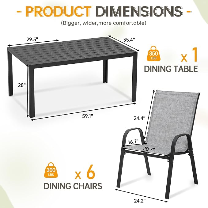 PIZZELLO 7-Piece Outdoor Dining Set Patio Dining Set for 6 Outdoor Table and Chairs All Weather Outdoor Patio Set w/Stackable Patio Chairs and HDPE Dining Table for Backyard, Garden and Poolside
