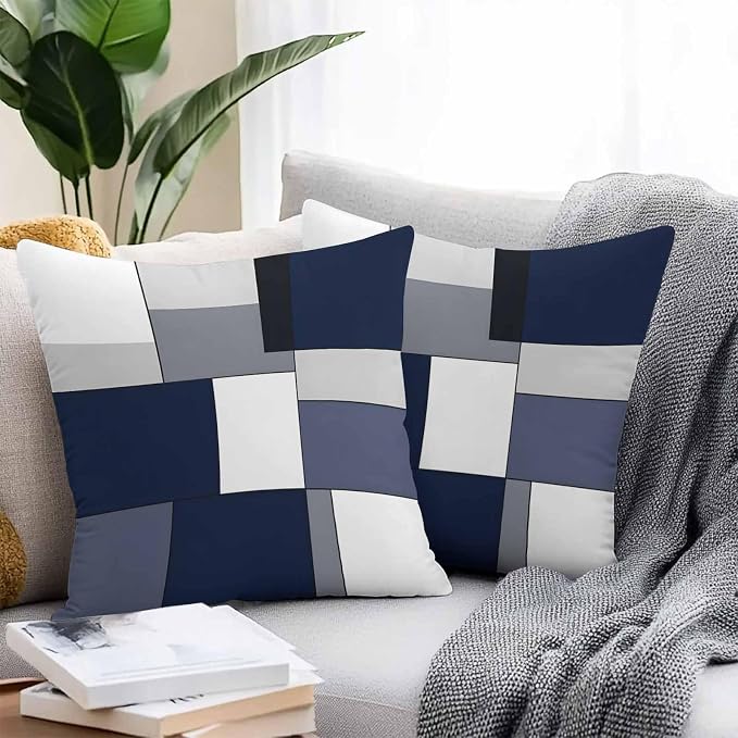 Modern Blue White Grey Plaid Outdoor Pillow Covers 16x16in Pack of 2 Waterproof Pillowcase Abstract Geometric Checkered Decorative Throw Cushion Case for Patio Couch Sofa