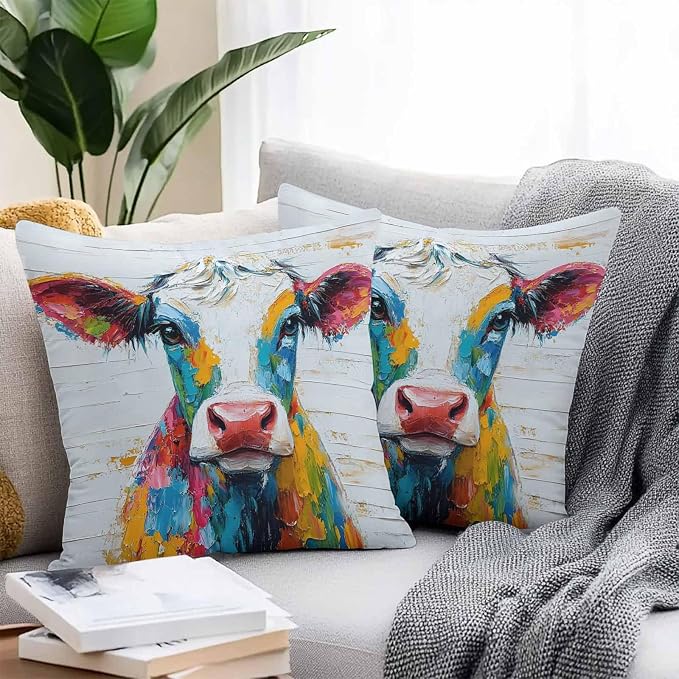 Colorful Cow Outdoor Pillow Covers Pack of 2 Rustic Animal Abstract Cattle Wood Grain Waterproof Throw Pillow Covers Decorative Cushion Cases for Patio Garden Tent Balcony Couch 24x24 inch