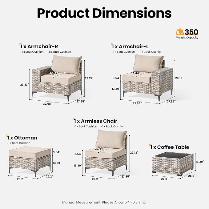 ovios 5-Piece Patio Furniture Set with L-Shape Sofa Chaise, Outdoor Sectional Couch Coffee Table, Modern Modular Wicker Rattan Conversation Set, Beige