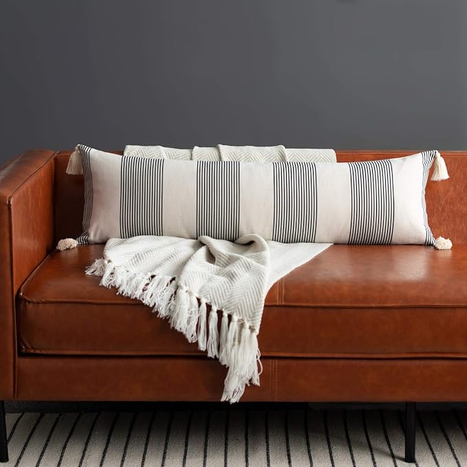 Hofdeco Modern Boho Moroccan Indoor Outdoor Body Lumbar Pillow Cover Only for Bed, Backyard, Couch, Sofa, Black White Stripe Tassels, 12"x40"