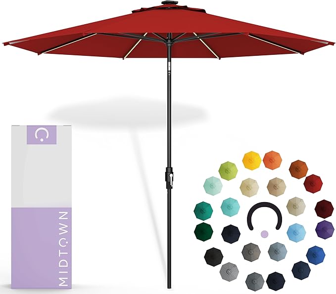 Midtown Umbrellas Led Swilt Sunbrella Umbrella, 8 Foot Patio Umbrella In Sunbrella Red Acrylic Fabric - Deck Patio Umbrella, Backyard Umbrella, Garden Umbrella & Pool Umbrella - Black Pole