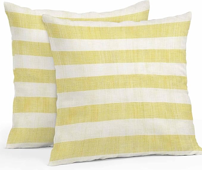 Chucoco Outdoor Waterproof Throw Pillow Cover, Farmhouse Yellow Linen Stripes Decorative Pillows Cushion Covers, Vintage 2 Pack Pillow Cases for Patio Garden Balcony Couch Sofa 16x16in