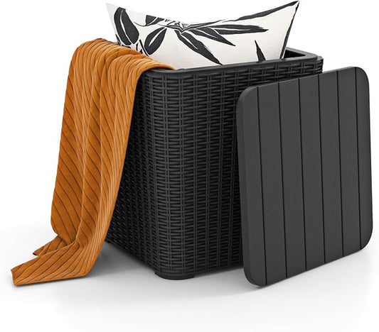 LDAILY 11.5 Gallon Outdoor Storage Box, Deck Box with Table Top & Stool, Resin Wicker Patio Side Table with Storage, Removable Lid, 330Lbs Capacity for Poolside, Balcony (Black)