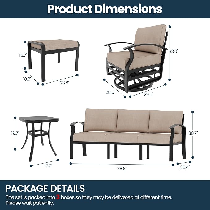 Aluminum Outdoor Patio Furniture Set,5 Seats Patio Conversation Sets with 2 Ottomans,Metal Patio Sectional Furniture Set with 2 Swivel Rocking Chairs, Sand