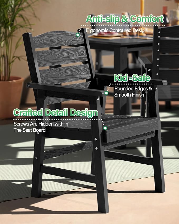 YEFU Patio Dining Sets HIPS: 5-Piece Outdoor Table and Chairs with Umbrella Hole - All-Weather Plastic Patio Dining Set for 4 Modern Furniture with Metal Aluminum Frame for Family with Deck/Pool Black