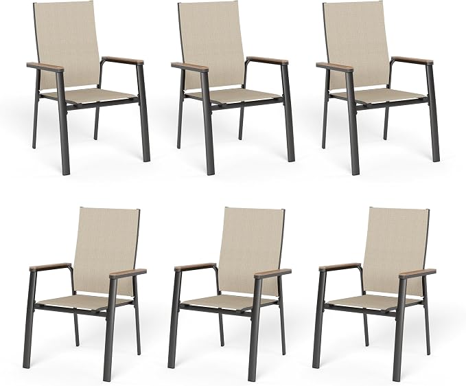 Sophia & William Patio Dining Chairs Set of 6, Stackable Aluminuum Frame | Beige textilene, Weather-resistant, light-weight & space-saving, Breathable & quick-drying, Outdoor deck backyard porch