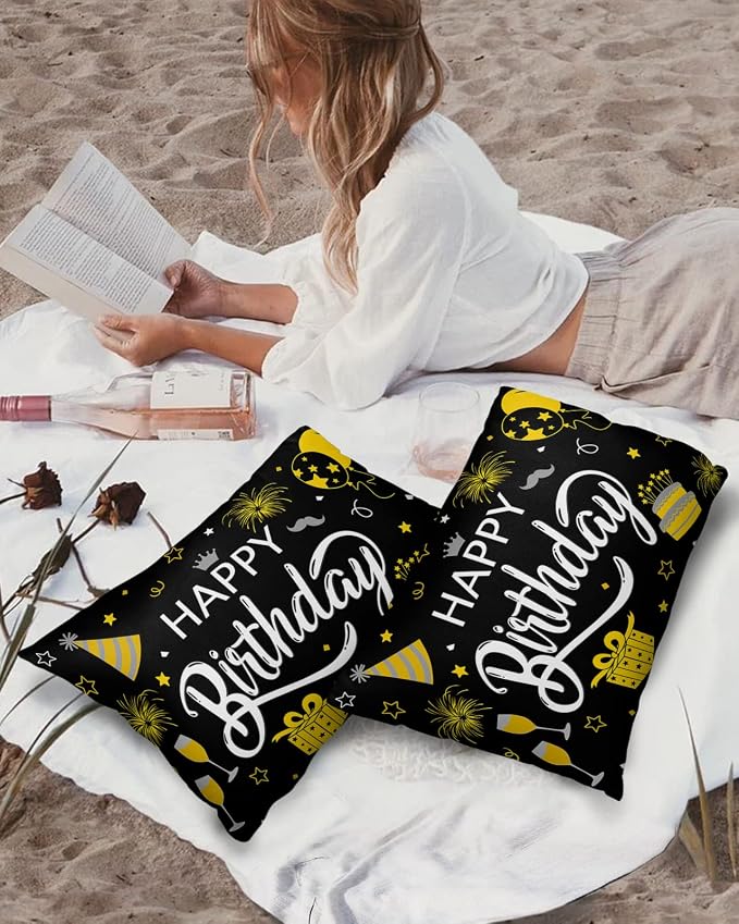 Prime Leader Outdoor Waterproof Pillow Covers Set of 2, Happy Birthday Cake Firwoks Black Patio Throw Pillow Covers, Decorative Cushion Case for Couch Sofa Furniture Garden, 20x12 Inch