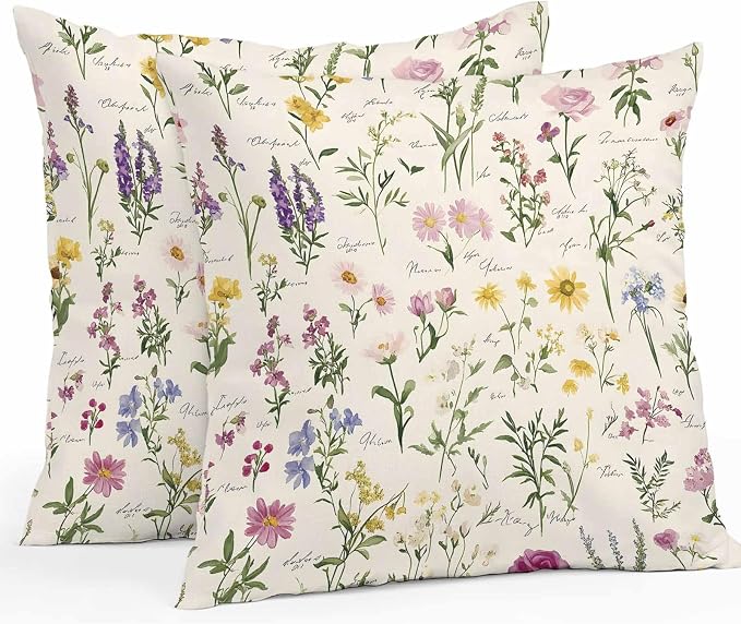 Throw Pillow Covers 24x24 Inch Set of 2, Botanical Garden Florals Waterproof Outdoor Pillow Covers, Spring Watercolor Wildflowers Decorative Cushion Pillowcases for Couch, Sofa, Bed, Garden, Patio
