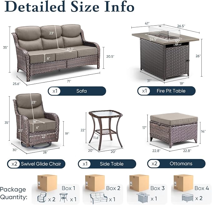 Belord Luxury 6" Thick Cushioned 7 Pieces Patio Furniture Set with Fire Pit Table, Wicker Outdoor Conversation Set with High Back Swivel Rocker Chairs for Deck Porch Yard and Poolside - Brown+Grey