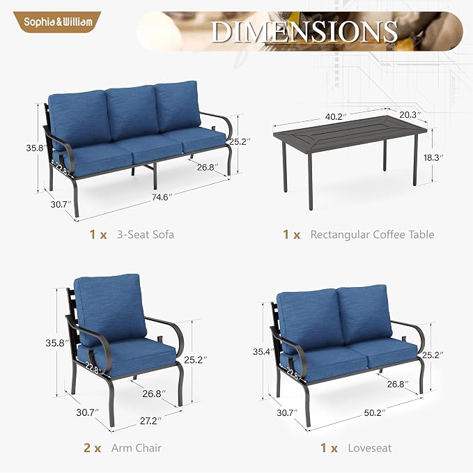 Sophia & William Patio Conversation Set for 7, 1 Loveseat, 3-Seater Sofa, 2 Fixed Chairs and 1 Coffee Table, Metal Outdoor Furniture with 5.75" Extra Thick Cushions, Navy