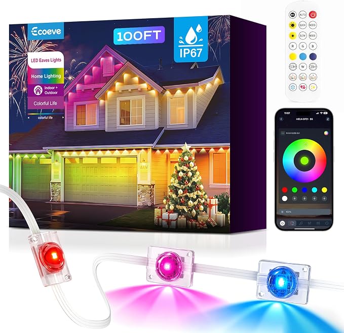 Permanent Outdoor Lights for House, 100ft Christmas RGB+IC Lights | 16 Million Colors & 50 Scene Modes, App/Remote Control, DIY Music Sync, Holiday Party Halloween Decor