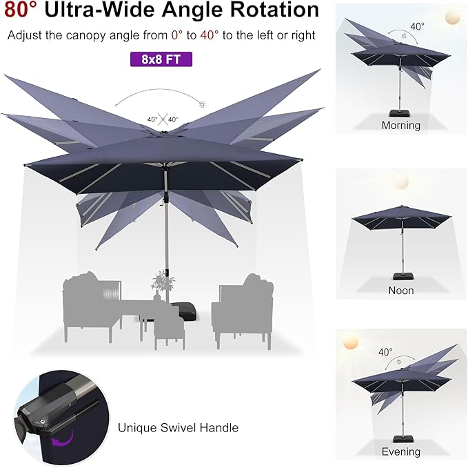 PURPLE LEAF 8' X 8' Left-right Tilting Patio Umbrella with Base Outdoor Swivel Cantilever Offset Aluminum Umbrella with Champagne Frame and 360-degree Rotation for Garden Deck Pool, Navy Blue