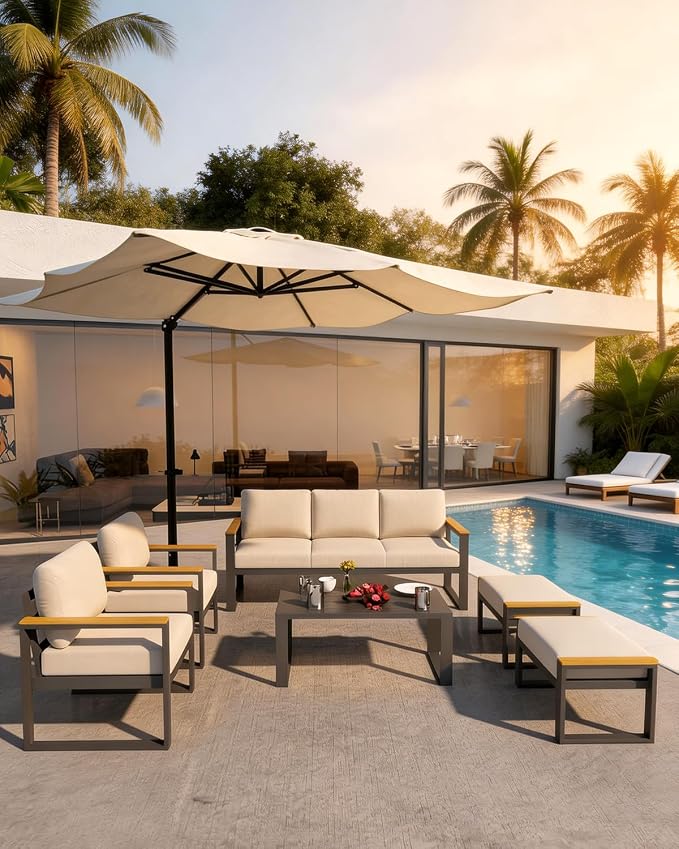 1 Pcs 3-Seat Aluminum Sofa and Coffee Table, Aluminum Patio Patio Conversation Set with Washable Thick Cushion for Balcony, Garden, Deck, Backyard,Beige