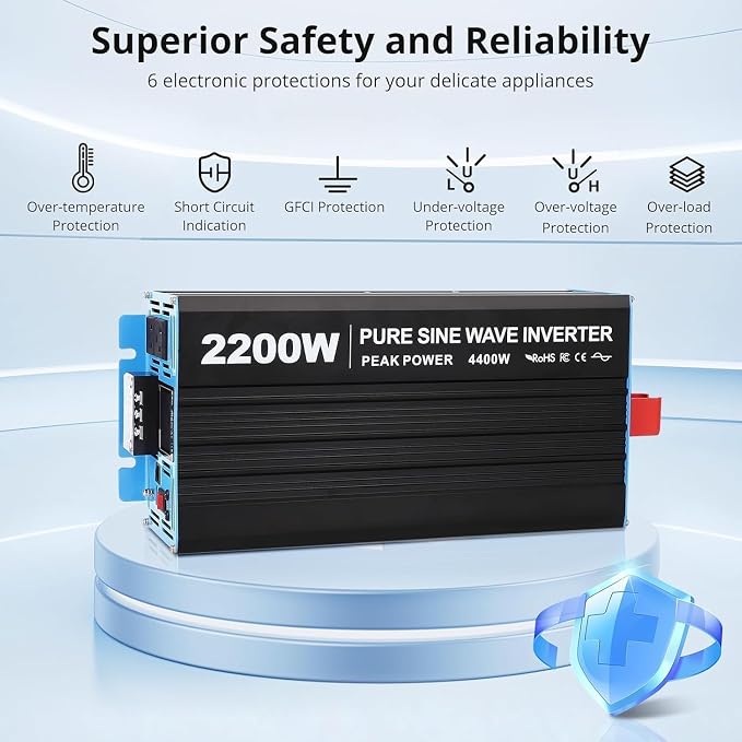 Power Inverter 2200 Watt Pure Sine Wave 12V DC to 110V/120V AC 4400W Peak Converter for Family RV Off Grid Solar System with 2 AC Outlets LCD Display Remote Control and 2.4A USB Charging Port