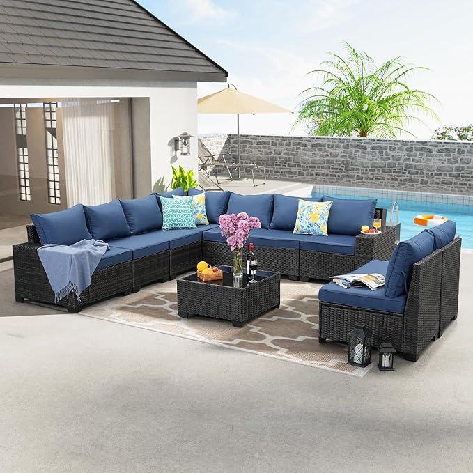 10 Pieces Patio Furniture Set, Wicker PE Rattan Outdoor Sectional with Cushion & Coffee Table, Patio Conversation Sofa for Garden, Backyard, Poolside, Navy