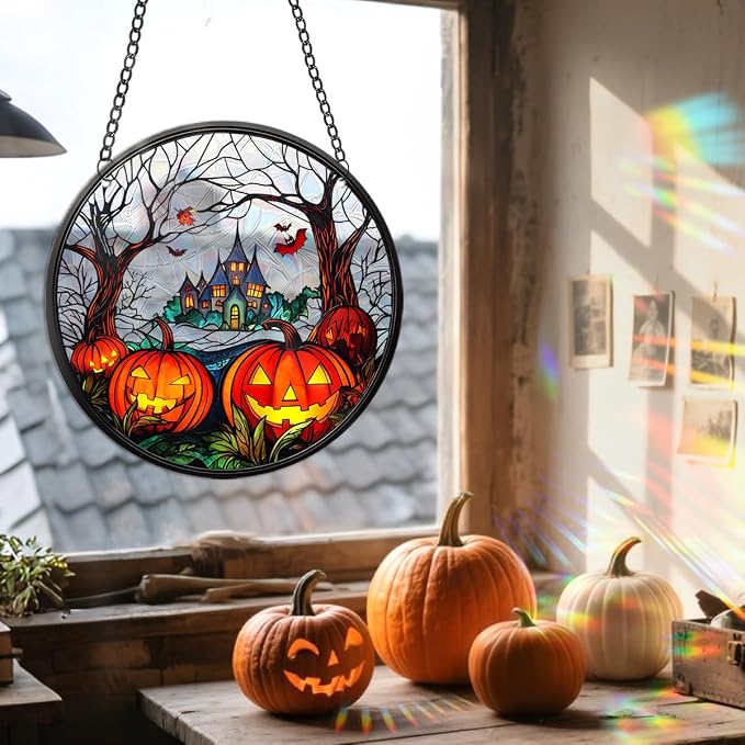 Acrylic Halloween Sun Catcher - 7.87 Inch Pumpkin Round Suncatcher for Window Hanging Decoration - Creates Indoor Rainbows Light Refraction - Spooky Ghost, Witch, Pumpkin Design