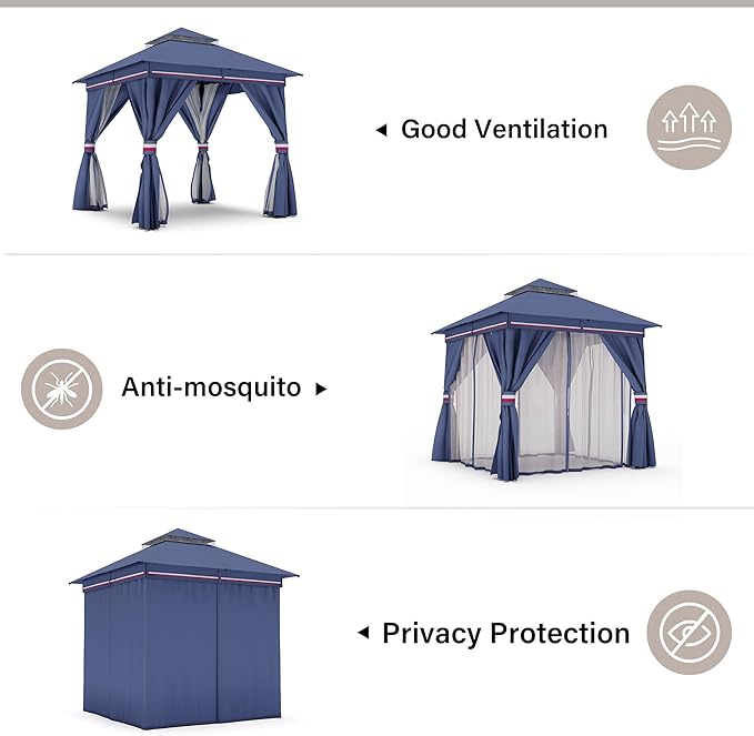LAUSAINT HOME 8'x8' Outdoor Gazebo, Metal Frame Heavy Duty Patio Canopy Tent Shelter with Double Roofs, Mosquito Nettings and Privacy Screens for Backyard, Garden, Lawn, Classic Blue