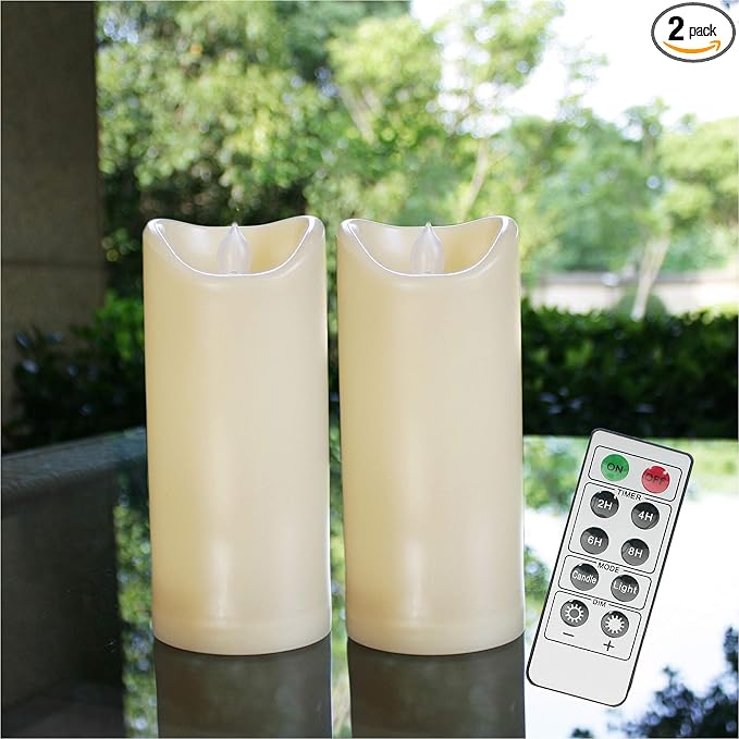 Flameless Outdoor Waterproof LED Pillar Candle with Remote Timer Battery Operated Flickering Resin Candle Light for Halloween Christmas Wedding Party Centerpiece Decorations Supplies 3”x 7” 2-Pack