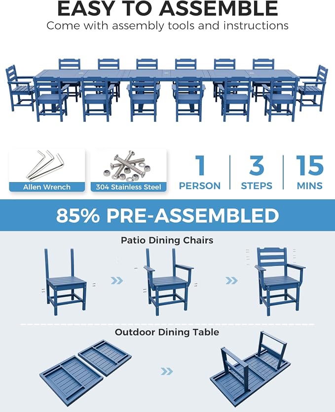 K Knowbody 17-Piece Outdoor Patio Dining Table and Chairs Set, Seats 14 | Steel-Reinforced HDPE, 100 lb/sq ft Load Capacity, 2-Inch Umbrella-Ready Tables, All-Weather, Fade-Resistant, Navy Blue