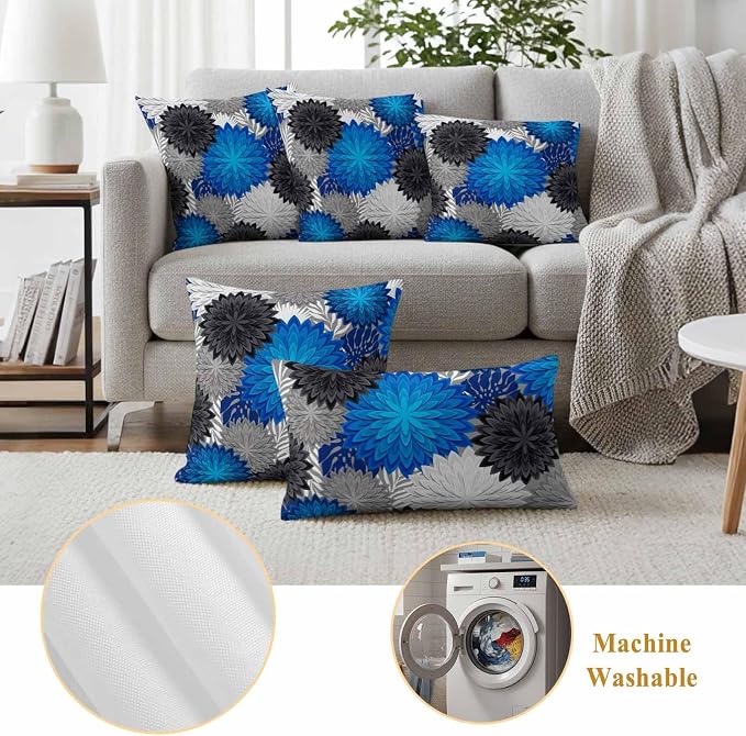 Blue Black Grey Flowers Outdoor Pillow Covers Waterproof, All Weather Cushion Case Set of 2, Boho Colorful Floral Plant Lumbar Pillowcase for Sofa Couch Bed Decor Patio Furniture 20"x12"