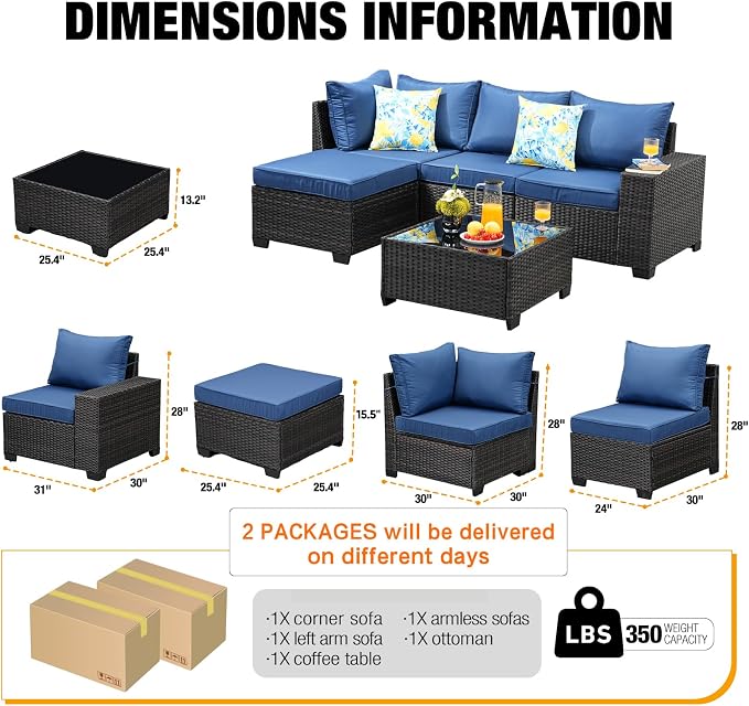 JOYURE 5 Pieces Patio Furniture Set All-Weather Outdoor Wicker Sectional Conversation Sofa Rattan Patio Seating Sofa with Cushion and Glass Table and Ottoman for Porch Poolside,Navy