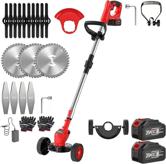 3-in-1 Cordless Weed Trimmer & Lawn Mower - Electric Trimmer, Edger, Bush Cutter with Adjustable Height (Red - 2 * 2Ah)
