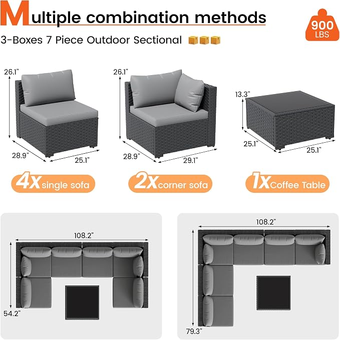 Patio Furniture Set, 7-Piece Outdoor Sectional All-Weather Wicker Patio Conversation Set for Backyard, Garden, Grey