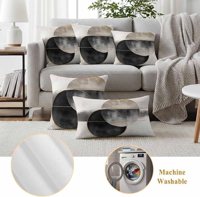 Abstract Art Outdoor Waterproof Throw Pillow Covers Set of 2, 20"x12", Mottled Geometric Moon Black Gold Circle Striped Decorative Pillow Covers Outside Cushion Case for Patio Porch Garden