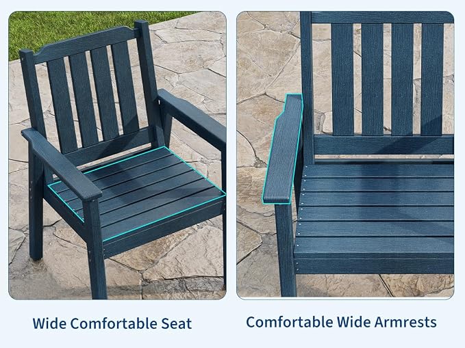 Takywep 23.9” Wide HDPE Patio Dining Chairs Set of 4, 650LBS Capacity All-Weather Yard Armchair with Slatted Seat, Heavy Duty Modern Backyard Furniture for Garden, Poolside, Deck, Blue