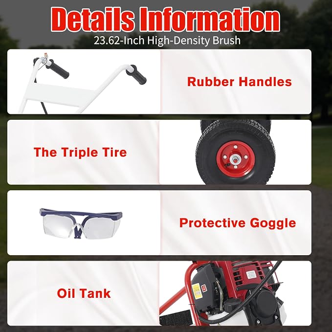 4 Stroke Gas Powered Hand Push Sweeper, Strong Power Lawn Sweeper Machine with 23in Long High-Density Brush, Artificial Grass Brush Gasoline Powered Broom for Lawn, Driveway, Snow