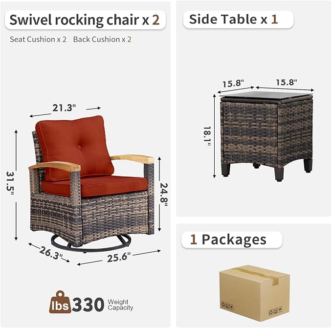 MEISSALIVVE 3 Piece Outdoor Swivel Rocking Chairs, Patio Furniture Bistro Set with 360° Wood Armrests Swivel Glide Chairs and Side Table for Deck Yard and Poolside (Red)