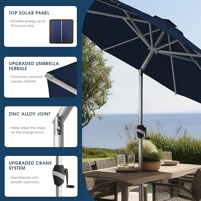 BLUU 9 Ft Patio Umbrella with Solar LED Lights, 5-Year Fade-Resistant Aluminum Outdoor Table Umbrella with Tilt Adjustment and Crank for Pool, Deck, Garden and Lawn, Navy Blue